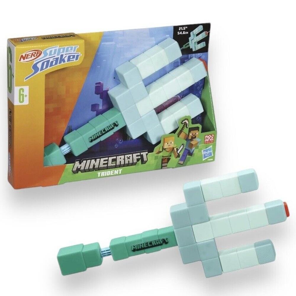 Nerf Super Soaker Minecraft Trident Water Blaster Pull Back Plunger Handle Toy